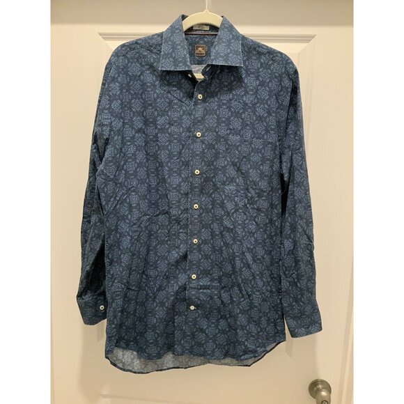 Peter Millar Button Up Shirt Size Medium Mens Long Sleeve Blue Print - Picture 1 of 8